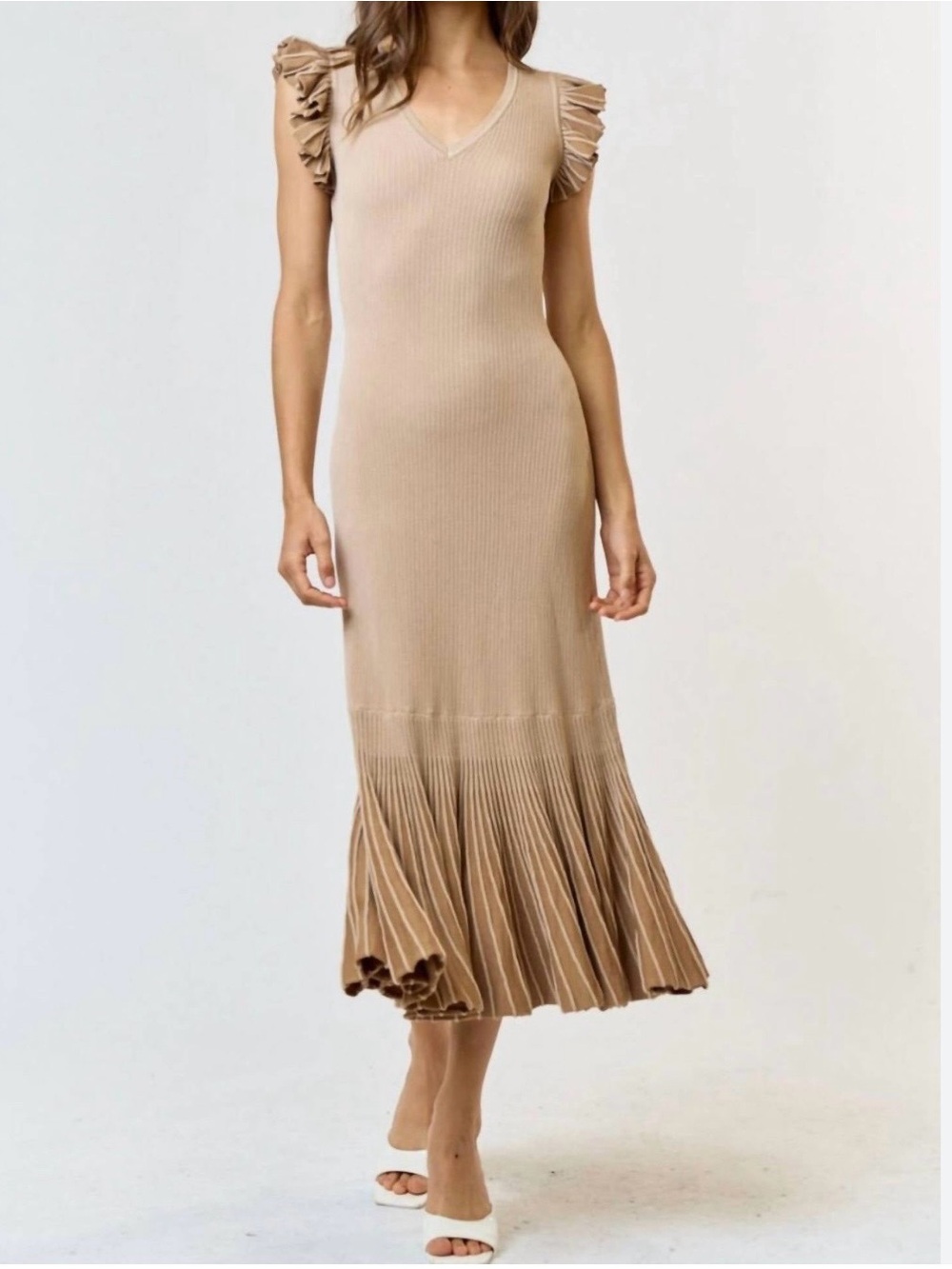 Sleeveless Ruffle Midi Dress in Light Tan